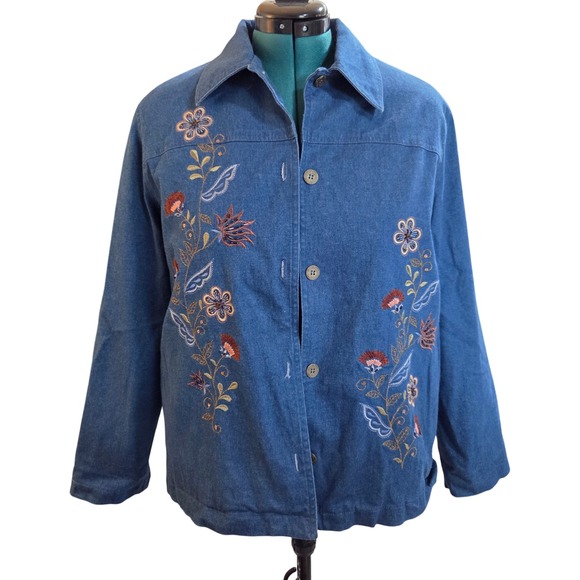 Alfred Dunner Womens Blue Denim Floral Embroidered Button Front Jacket Size 14 - Picture 2 of 6